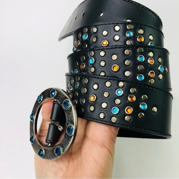 Vintage Lane Bryant Studded Jeweled Belt Rhinestones Round Pin Buckle Motorcycle - Picture 3 of 6